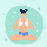 illustrazione vettoriale di una donna che pratica yoga e meditazione. la ragazza siede nella posizione del loto, il processo di pensiero, la nascita e la ricerca di idee.