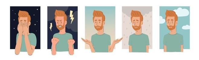ritratti di personaggi maschili che rappresentano cinque fasi del dolore vettore