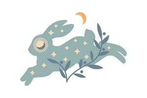 coniglietto in esecuzione astratto con stelle, luna, ramo isolato su sfondo bianco. illustrazione vettoriale boho. simboli misteriosi. design per compleanni, feste, stampe di abbigliamento, biglietti di auguri.