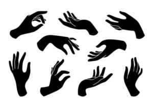 set boho disegnato a mano di eleganti icone di mani femminili in silhouette isolato su sfondo bianco. raccolta di diversi gesti delle mani. illustrazione piatta vettoriale. design per cosmetici, gioielli, manicure vettore