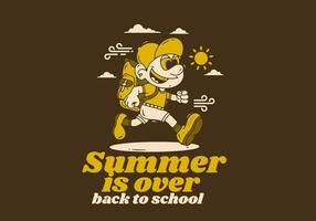 indietro per scuola, estate è Sopra, portafortuna personaggio design di un' ragazzo trasporto un' scuola Borsa vettore