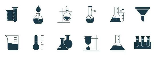 laboratorio cristalleria icona impostare. chimica o scienza ricerca laboratorio attrezzatura bicchiere, borraccia, test tubo per microbiologia schema vettore