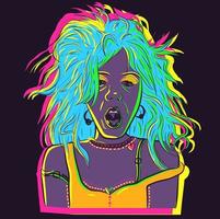 arte vettoriale di una donna al neon assonnata con i capelli disordinati del letto e una bocca aperta che sbadiglia. illustrazione colorata di una ragazza svegliata malata.