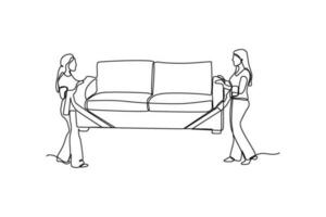 continuo linea illustrazione design persone sollevamento divano vettore