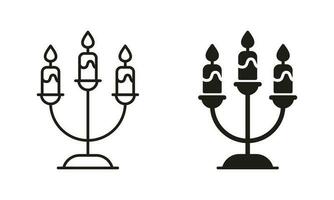 candeliere con ardente candele linea e silhouette nero icona impostare. arredamento per Halloween pittogramma. candela titolare con fiamma per religione, Natale, hanukkah. isolato vettore illustrazione.