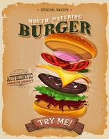 Manifesto degli ingredienti dell'hamburger dell'annata e di lerciume vettore