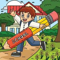 indietro per scuola bambino e un' gigante matita colorato vettore