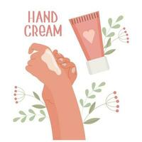 femmina mani applicare crema a partire dal un' tubo. mano crema. routine pelle cura. quotidiano biologico cosmetici. piatto illustrazione. vettore