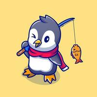 illustrazione sveglia dell'icona di vettore del fumetto di pesca del pinguino. concetto di icona della natura animale isolato vettore premium. stile cartone animato piatto