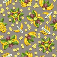 sfondo senza soluzione di continuità con banane, loghi, emblemi, distintivi con banane, fiori di banana, foglie, fette, mazzo di banane. buono per la decorazione di confezioni alimentari, confezioni. modello vettoriale