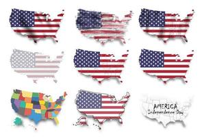 set di bandiere e mappa degli stati uniti d'america. design grafico multiplo come onde, pittura ad acquerello, stile punteggiato. concetto di festa dell'indipendenza. vettore