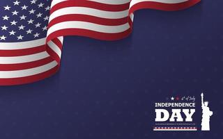 4 luglio felice giorno dell'indipendenza d'america sfondo. statua della libertà design piatto silhouette con testo e sventolando la bandiera americana all'angolo sulla trama della stella blu. vettore