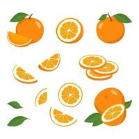 set di icone arancioni. frutta intera brillante, metà, fette con foglie. cibo per una dieta sana, dessert, mandarino dolce, limonata. elementi per il design primaverile ed estivo vettore