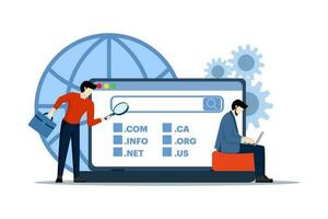 dominio registrazione ragnatela pagina concetto con piccolo personaggi. persone scegliere, trova, acquistare, Registrati sito web dominio nome piatto vettore illustrazione. può essere Usato per mobile app, atterraggio pagina idee.