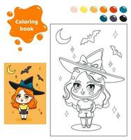 colorazione libro per bambini. foglio di lavoro per disegno con cartone animato anime ragazza. carino strega con cappello, pipistrelli, Luna. Halloween colorazione pagina con colore tavolozza per bambini. vettore illustrazione.