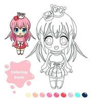 colorazione libro per bambini. foglio di lavoro per disegno con cartone animato anime ragazza. carino Principessa con corona e rosa. colorazione pagina con colore tavolozza per bambini. vettore illustrazione.