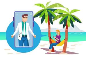 in linea medico consultazione. vettore illustrazione nel piatto cartone animato stile. donna seduta su il spiaggia e consultare il tuo sintomi in linea con un' medico.