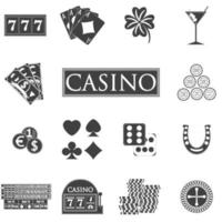 Icone di casinò e gioco d'azzardo con slot machine e roulette, fiches, carte da poker, soldi, dadi, monete, illustrazione vettoriale di design piatto a ferro di cavallo