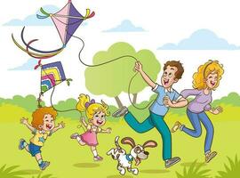 un' vettore illustrazione di un' contento famiglia con bambini avendo divertimento con aquilone kite.family volante un' aquilone vettore