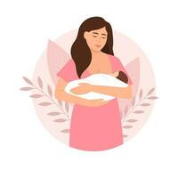 bellissimo donna alimentazione un' bambino con Seno con natura e le foglie sfondo. l'allattamento al seno madre.donna allattamento concetto. mondo l'allattamento al seno settimana. piatto vettore illustrazione