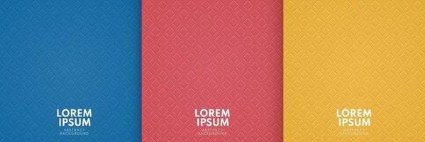set di linee quadrate geometriche dal design minimale astratto su sfondo giallo rosso e blu. semplice design piatto alla moda a colori per presentazione, volantino, brochure, sito Web, prima pagina. vettore