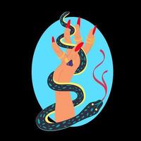 una mano di strega con un serpente. serpente in mano. stregoneria, magia, astrologia, alchimia. illustrazione vettoriale piatta