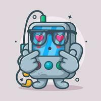 kawaii portatile musica giocatore personaggio portafortuna con amore cartello mano gesto isolato cartone animato nel piatto stile design vettore