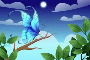 blu farfalla su albero a notte vettore