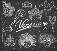 venezia italia schizzo carnevale maschere veneziane insieme disegnato a mano. disegno doodle collezione isolata vettore