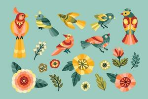 impostato di popolare design elementi. foglie, fiori, uccelli. vettore illustrazione
