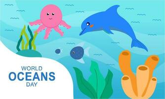 mondo oceano giorno cartone animato illustrazione con subacqueo scenario dedito vettore