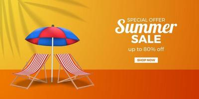 promozione banner offerta saldi estivi con sedia relax piegata e ombrellone con sfondo arancione vettore
