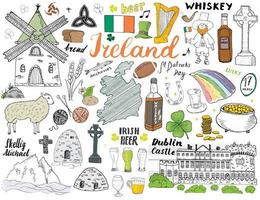 scarabocchi di schizzo di Irlanda. elementi irlandesi disegnati a mano con bandiera e mappa dell'Irlanda, croce celtica, castello, trifoglio, arpa celtica, mulino e pecore, bottiglie di whisky e birra irlandese, illustrazione vettoriale