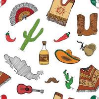 elementi di doodle del reticolo senza giunte del Messico, schizzo disegnato a mano cappello sombrero tradizionale messicano, poncho, cactus e bottiglia di tequila, mappa del Messico, teschio, strumenti musicali. sfondo di illustrazione vettoriale. vettore