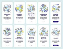 acquisto casa onboarding mobile App schermo impostare. vero tenuta guida Procedura dettagliata 5 passaggi modificabile grafico Istruzioni con lineare concetti. ui, ux, gui modello vettore
