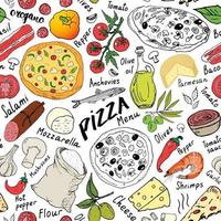 Schizzo disegnato a mano del modello senza cuciture della pizza. pizza doodles sfondo di cibo con farina e altri ingredienti alimentari, forno e utensili da cucina. illustrazione vettoriale