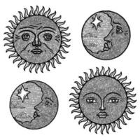 sole Luna tatuaggio. mistico viso, celeste disegno carte, inciso boho design elementi, vecchio stella logo o icone, schema Vintage ▾ simbolo adesivi, mistico mezzaluna viso. vettore isolato illustrazione impostato