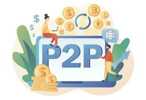 peer to peer commercio in linea. p2p prestito. minuscolo persone investire moneta elettronica. investimento nel prestito. depositare accordo. criptovaluta. moderno piatto cartone animato stile. vettore illustrazione su bianca sfondo