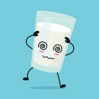 carino vertiginoso latte bicchiere carattere. divertente ubriaco latte cartone animato emoticon nel piatto stile. latteria emoji vettore illustrazione