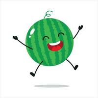 carino contento anguria carattere. divertente vittoria celebrazione saltare anguria cartone animato emoticon nel piatto stile. frutta emoji vettore illustrazione