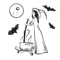 strega nel un' cappello è cucinare un' pozione nel un' calderone. Halloween. vettore illustrazione.