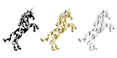 tre colori nero oro argento linea arte vettore di unicorno con zampe anteriori sollevate adatto per l'uso come decorazione o logo