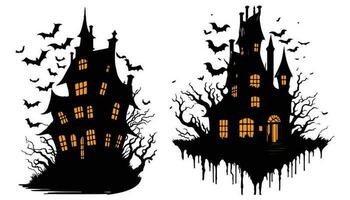 contento Halloween pauroso fantasma Casa con pipistrelli vettore illustrazione, Halloween notte pauroso Casa illustrazione