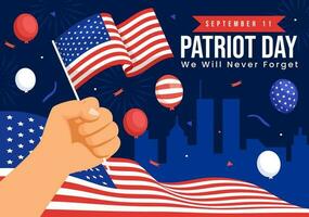 contento Stati Uniti d'America patriota giorno vettore illustrazione con unito stati bandiera, 911 memoriale e noi volontà mai dimenticare sfondo design mano disegnato modelli