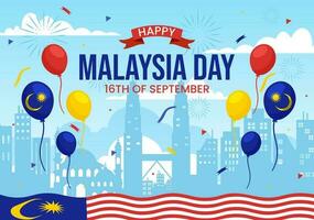 contento Malaysia giorno celebrazione vettore illustrazione su 16 settembre con agitando bandiera e gemello torri nel piatto cartone animato mano disegnato modelli
