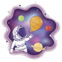 colorato astronauta cartone animato con pianeta palloncini vettore