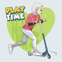 giocare volta. un' ragazza nel hijab giochi su il strada con scooter vettore illustrazione professionista Scarica