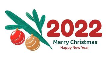 banner minimalista o biglietto di auguri per buon natale e felice anno nuovo. illustrazione vettoriale piatta con ramo di abete e palline