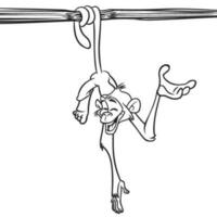 carino scimmia scimpanzé sospeso su legna ramo schema. vettore illustrazione nel divertimento cartone animato stile design per colorazione libro