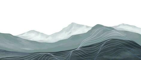 montagna paesaggio acquerello pittura illustrazione con linea arte modello. astratto contemporaneo estetico sfondi paesaggi. montagne, colline e orizzonte vettore